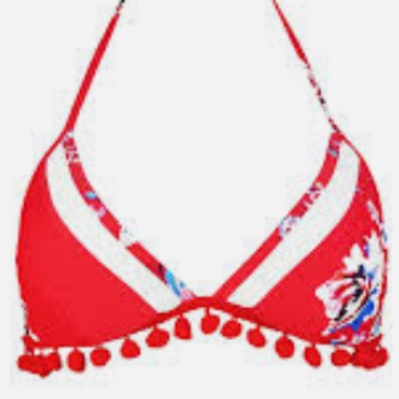 COCOSHIP Red Pom Pom High-waisted Mesh Insert Bikini Set in Floral - Picture 6 of 11